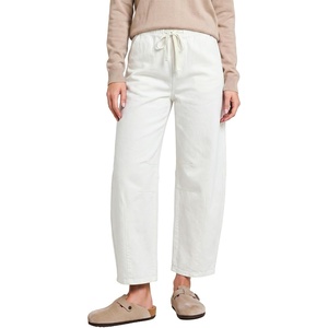 LookbookStore Barrel Jeans Women High Waisted Drawstring Crop Denim Pants | Barrel Leg, 27 Inch Inseam Womens Pants, High Rise with Elastic Waist, Seam Front, Pull On Baggy Cropped Jeans, Daily Casual(Cream White)