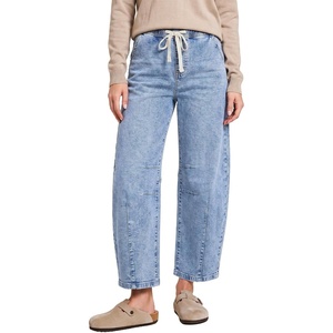 LookbookStore Barrel Jeans Women High Waisted Drawstring Crop Denim Pants | Barrel Leg, 27 Inch Inseam Womens Pants, High Rise with Elastic Waist, Seam Front, Pull On Baggy Cropped Jeans, Daily Casual(Reef Blue)