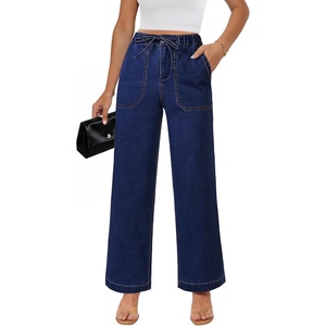 LookbookStore Drawstring Wide Leg Jeans for Women Baggy Pull On Denim Pants | High Rise Elastic Waistband, Western Chic Style, Patch Pockets, Country Concert Outfits, Adjustable Drawstring, Stretch Denim(Darkness Blue)