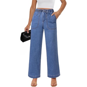 LookbookStore Drawstring Wide Leg Jeans for Women Baggy Pull On Denim Pants | High Rise Elastic Waistband, Western Chic Style, Patch Pockets, Country Concert Outfits, Adjustable Drawstring, Stretch Denim(Medium Blue)