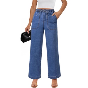 LookbookStore Drawstring Wide Leg Jeans for Women Baggy Pull On Denim Pants | High Rise Elastic Waistband, Western Chic Style, Patch Pockets, Country Concert Outfits, Adjustable Drawstring, Stretch Denim(Classic Blue)