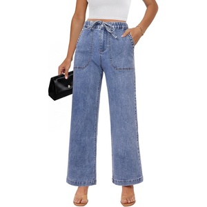 LookbookStore Drawstring Wide Leg Jeans for Women Baggy Pull On Denim Pants | High Rise Elastic Waistband, Western Chic Style, Patch Pockets, Country Concert Outfits, Adjustable Drawstring, Stretch Denim(After Dust Blue)