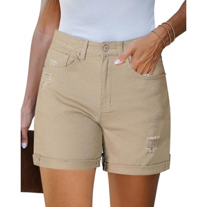 LookbookStore Jean Shorts Womens High Waisted Rolled Hem Ripped Denim Jorts | Womens Denim Shorts, High Rise Fit, Stretchy Denim, Distressed Ripped, Folded Hem, Mid Thigh Shorts, Summer Vacation Outfits(Khaki)