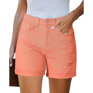 LookbookStore Jean Shorts Womens High Waisted Rolled Hem Ripped Denim Jorts | Womens Denim Shorts, High Rise Fit, Stretchy Denim, Distressed Ripped, Folded Hem, Mid Thigh Shorts, Summer Vacation Outfits(Salmon)