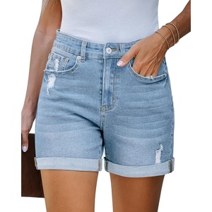 LookbookStore Jean Shorts Womens High Waisted Rolled Hem Ripped Denim Jorts | Womens Denim Shorts, High Rise Fit, Stretchy Denim, Distressed Ripped, Folded Hem, Mid Thigh Shorts, Summer Vacation Outfits(Cool Blue)
