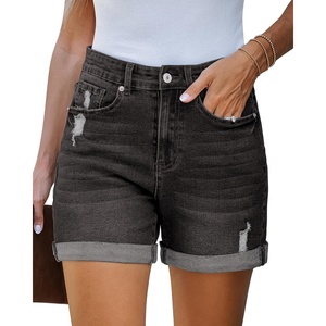 LookbookStore Jean Shorts Womens High Waisted Rolled Hem Ripped Denim Jorts | Womens Denim Shorts, High Rise Fit, Stretchy Denim, Distressed Ripped, Folded Hem, Mid Thigh Shorts, Summer Vacation Outfits(Black)