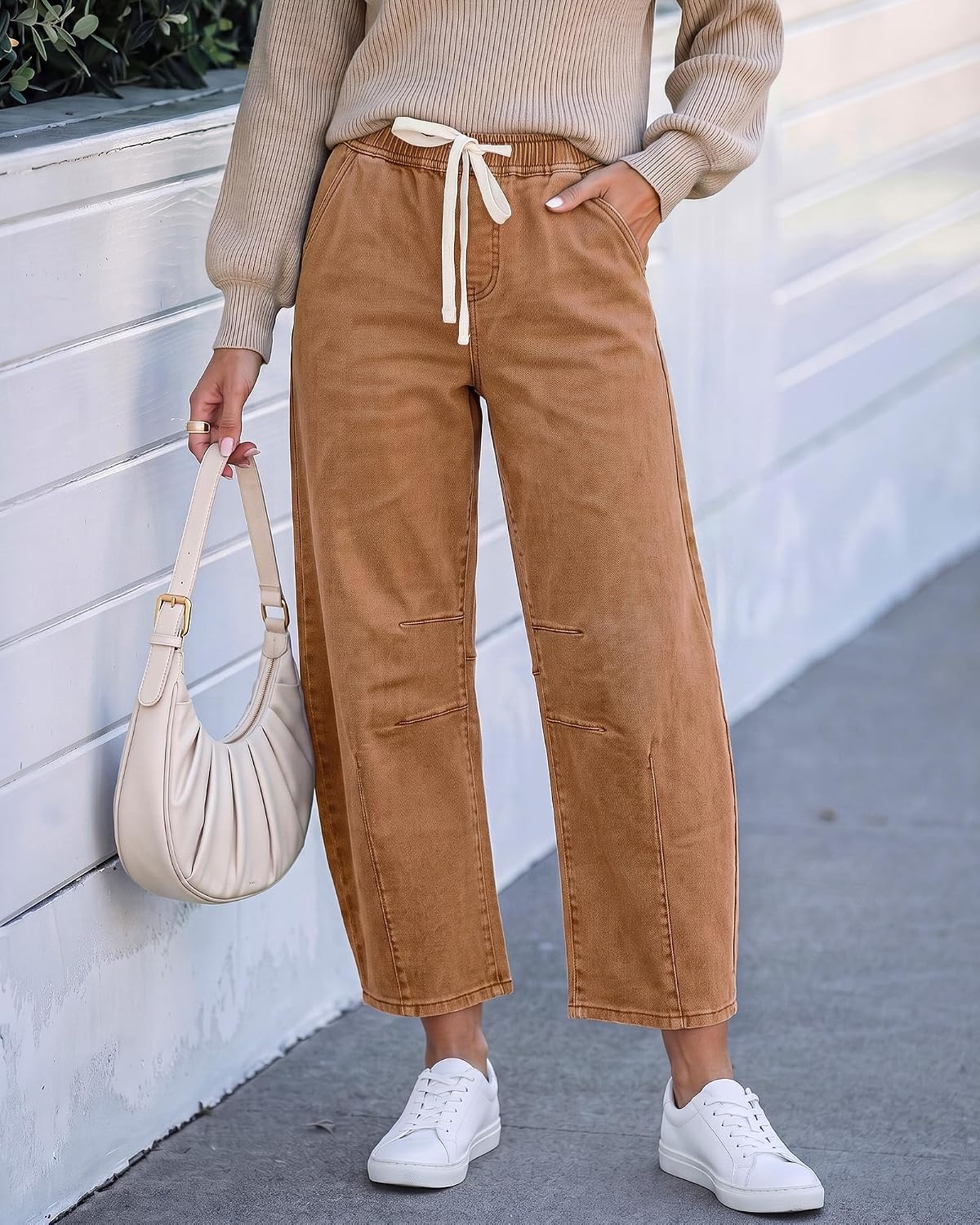 image:imageLookbookStore Barrel Jeans Women High Waisted Drawstring Crop Denim PantsCaramel