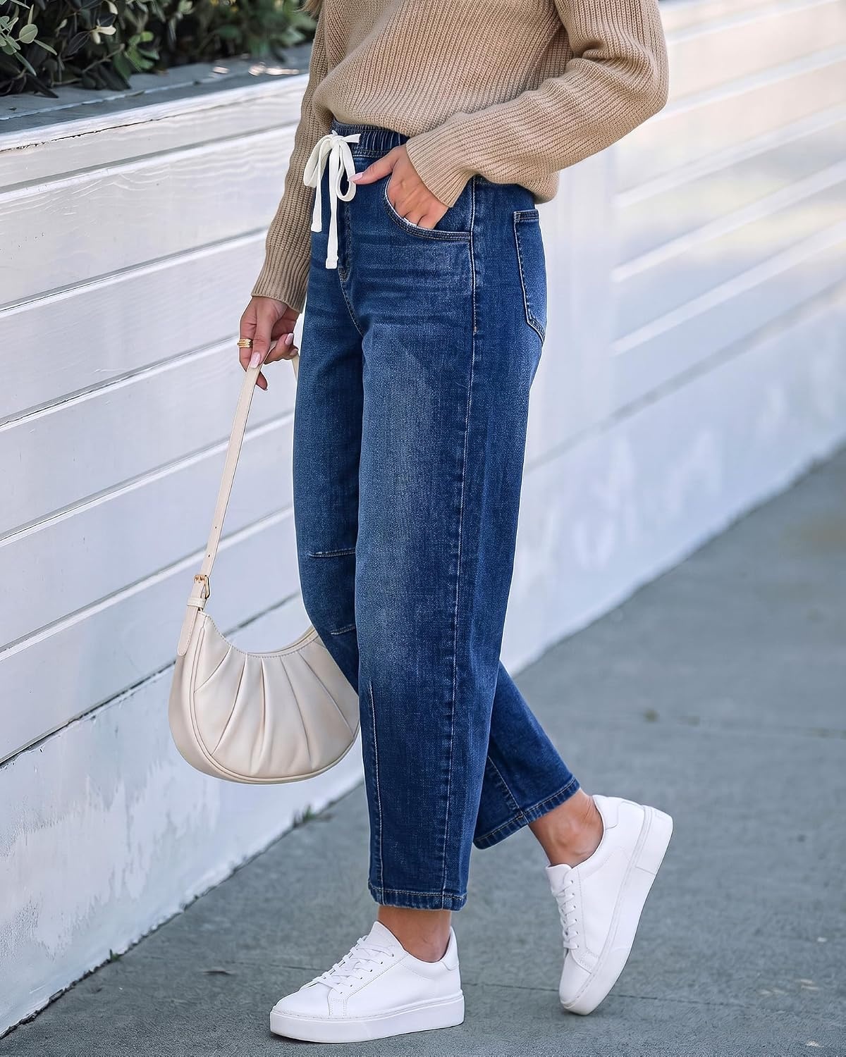 image:imageLookbookStore Barrel Jeans Women High Waisted Drawstring Crop Denim PantsClassic Blue