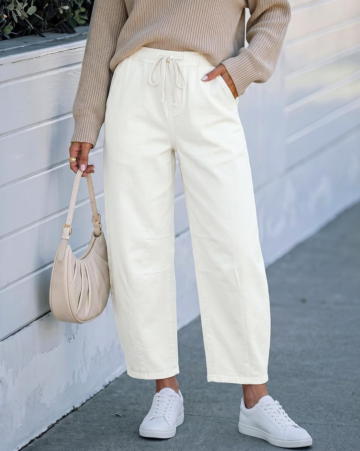 image:imageLookbookStore Barrel Jeans Women High Waisted Drawstring Crop Denim PantsCream White