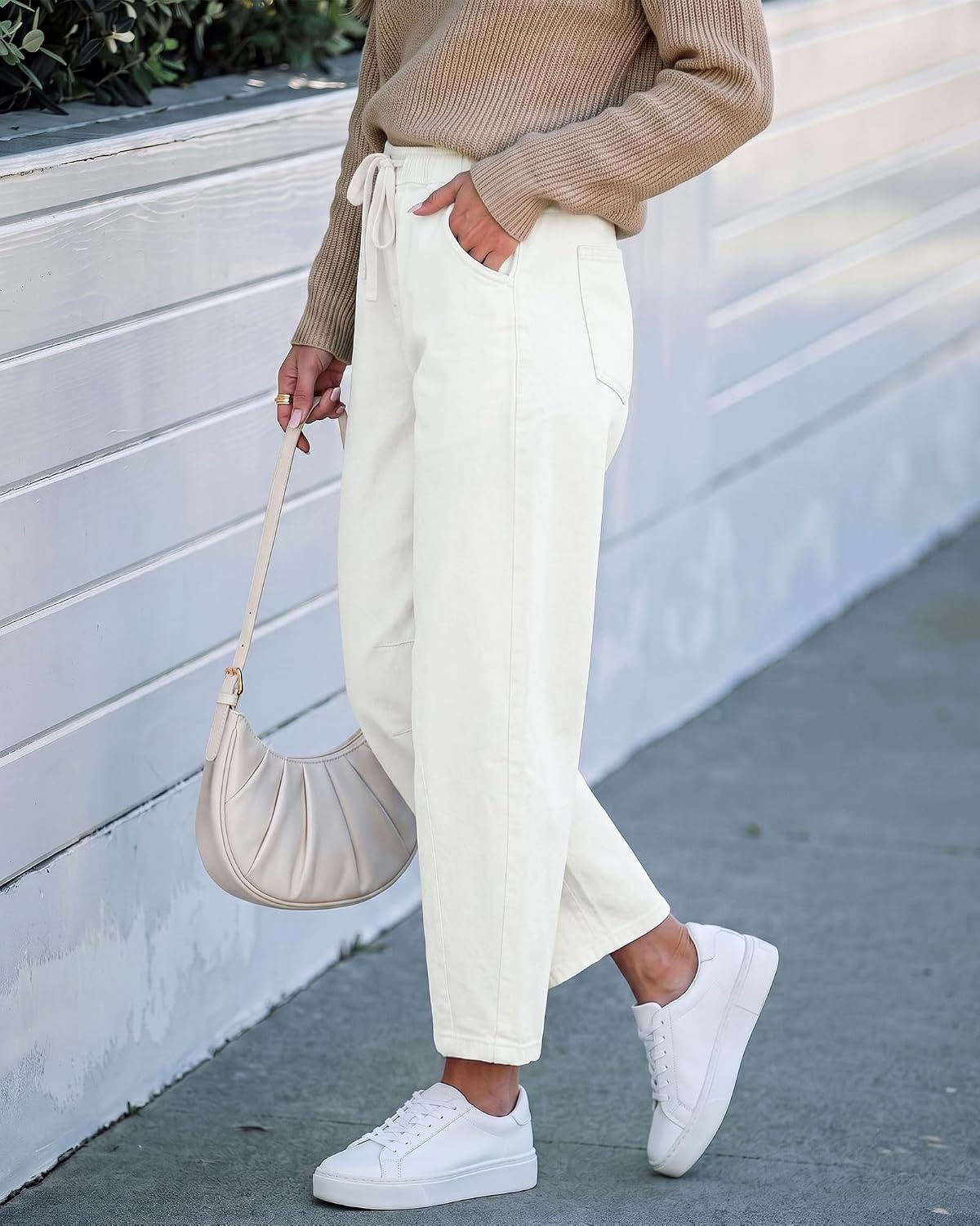 image:imageLookbookStore Barrel Jeans Women High Waisted Drawstring Crop Denim PantsCream White