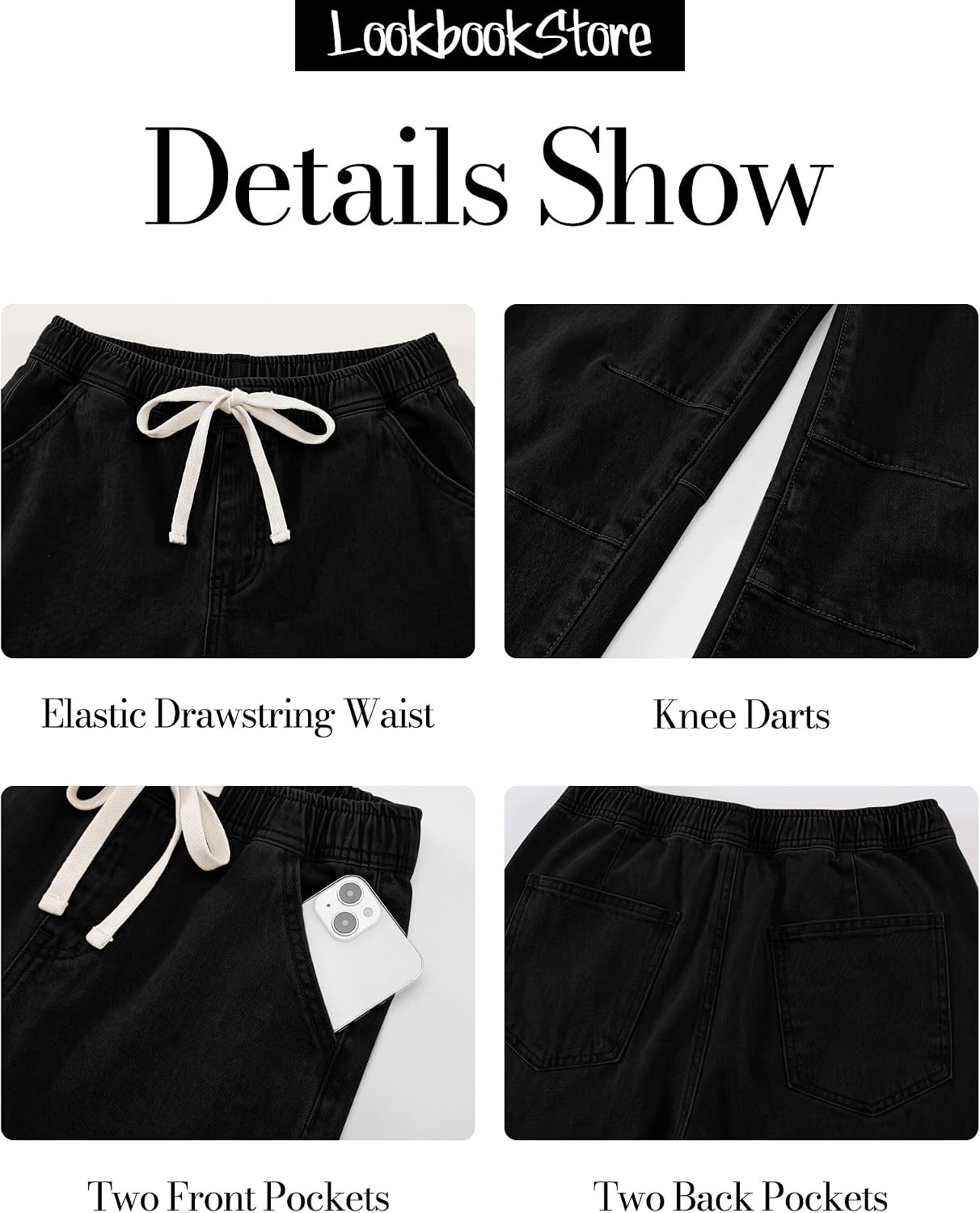 image:imageLookbookStore Barrel Jeans Women High Waisted Drawstring Crop Denim PantsTrue Black