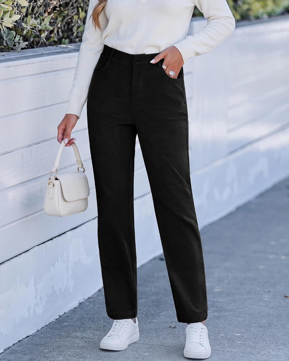 image:imageLookbookStore Corduroy Pants Women Straight Leg High Waist Casual TrousersBlack