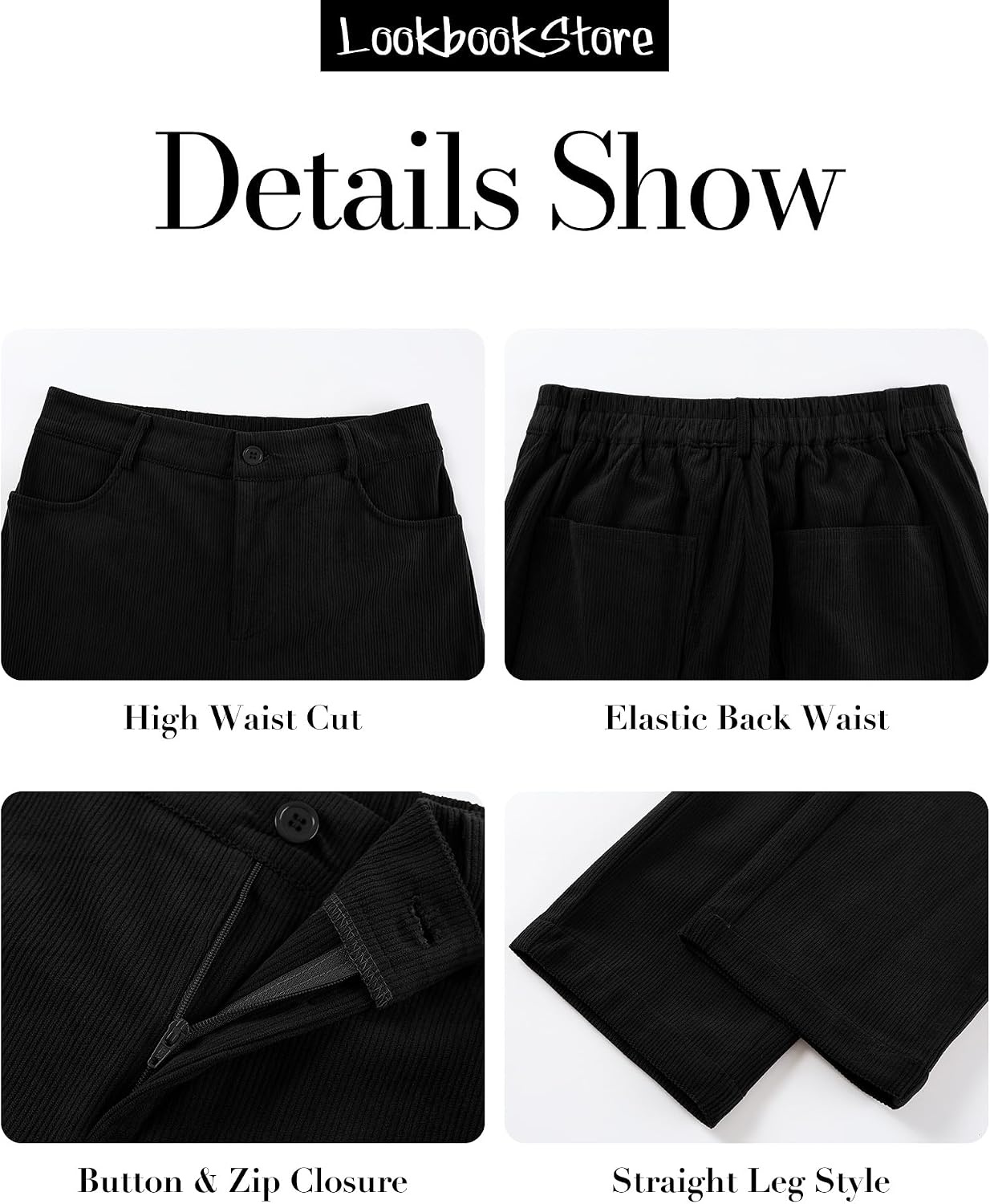 image:imageLookbookStore Corduroy Pants Women Straight Leg High Waist Casual TrousersBlack