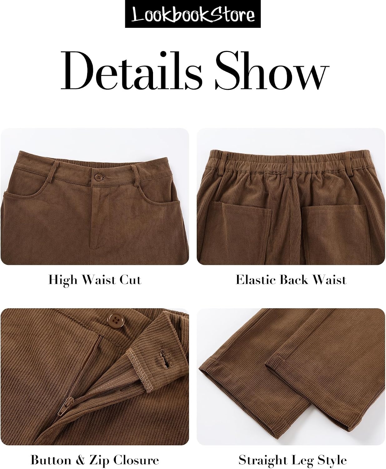 image:imageLookbookStore Corduroy Pants Women Straight Leg High Waist Casual TrousersCocoa Brown