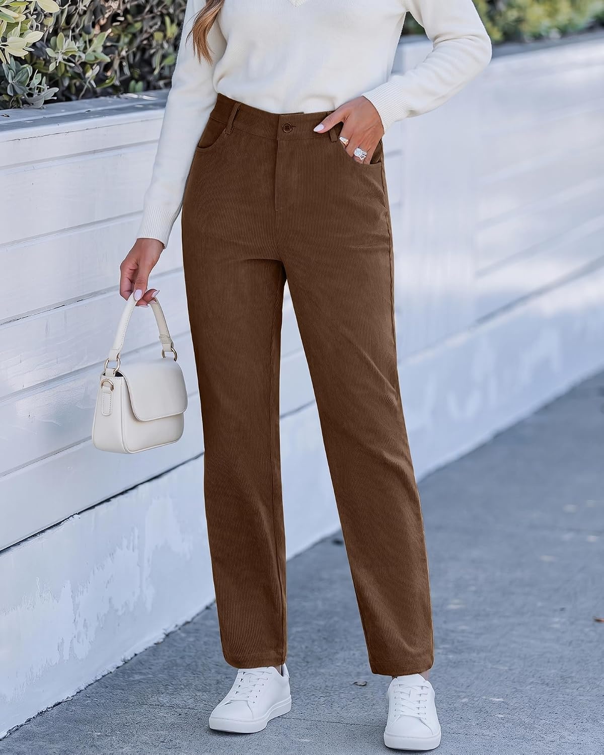 image:imageLookbookStore Corduroy Pants Women Straight Leg High Waist Casual TrousersCocoa Brown