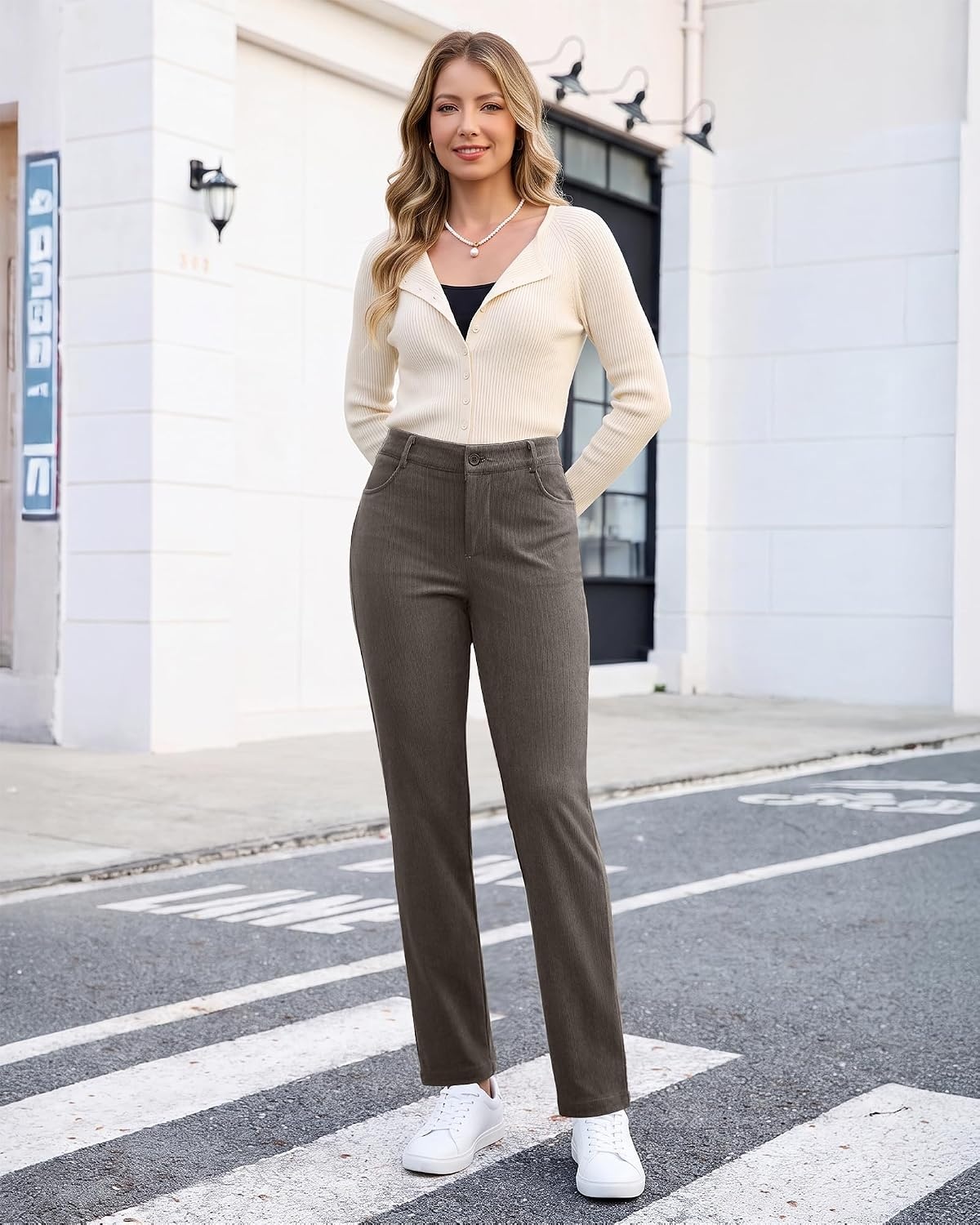 image:imageLookbookStore Corduroy Pants Women Straight Leg High Waist Casual TrousersDark Gray