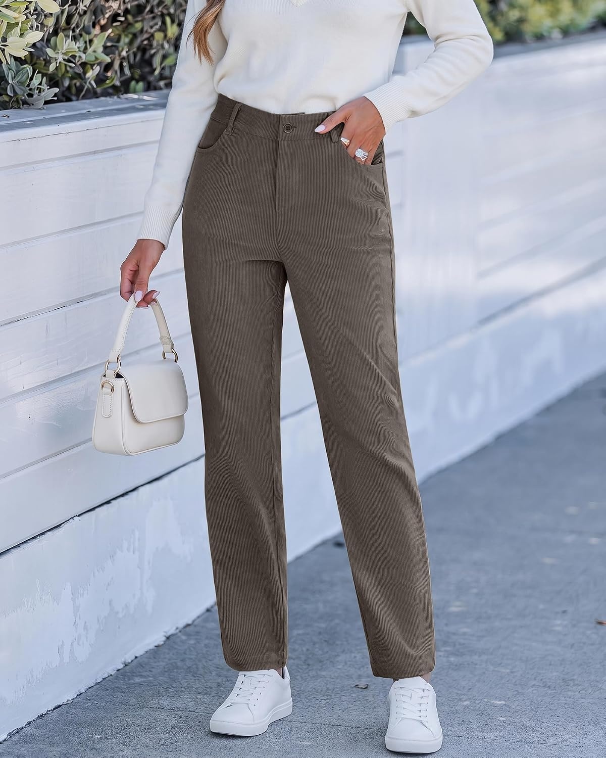 image:imageLookbookStore Corduroy Pants Women Straight Leg High Waist Casual TrousersDark Gray