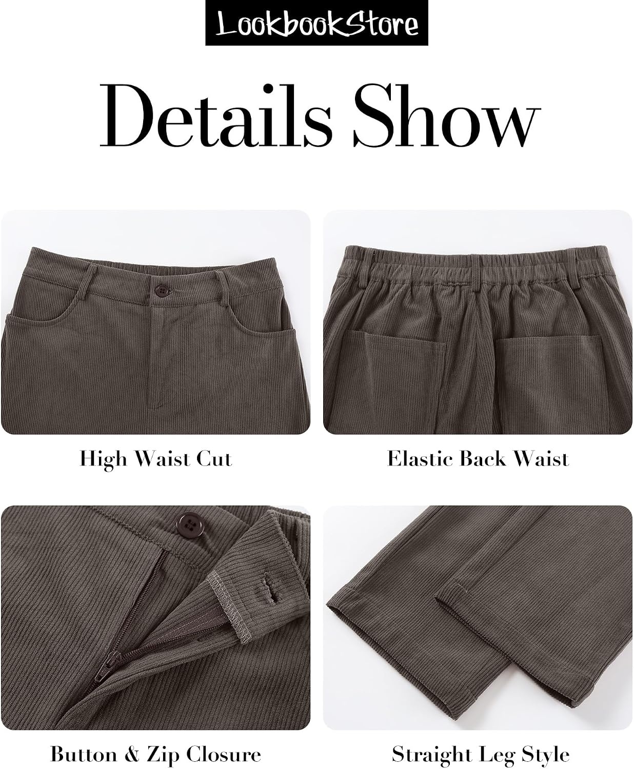 image:imageLookbookStore Corduroy Pants Women Straight Leg High Waist Casual TrousersDark Gray