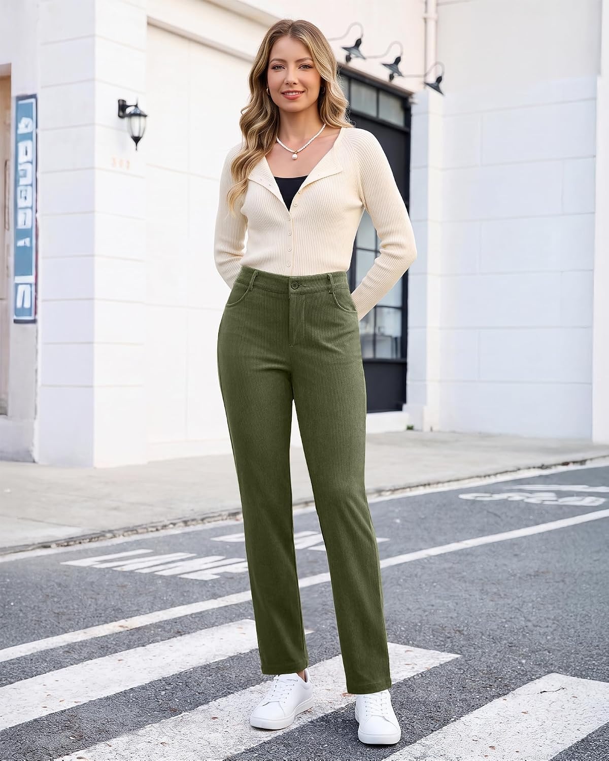 image:imageLookbookStore Corduroy Pants Women Straight Leg High Waist Casual TrousersOlive Green