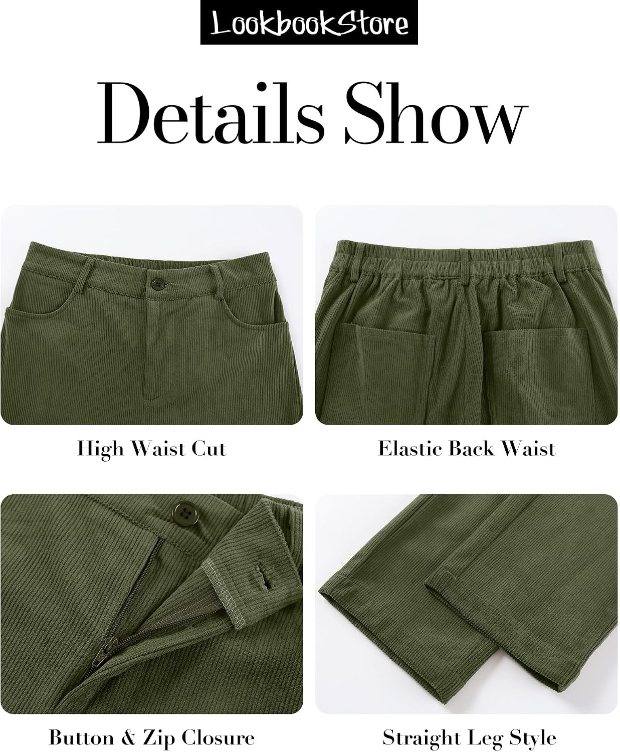 image:imageLookbookStore Corduroy Pants Women Straight Leg High Waist Casual TrousersOlive Green
