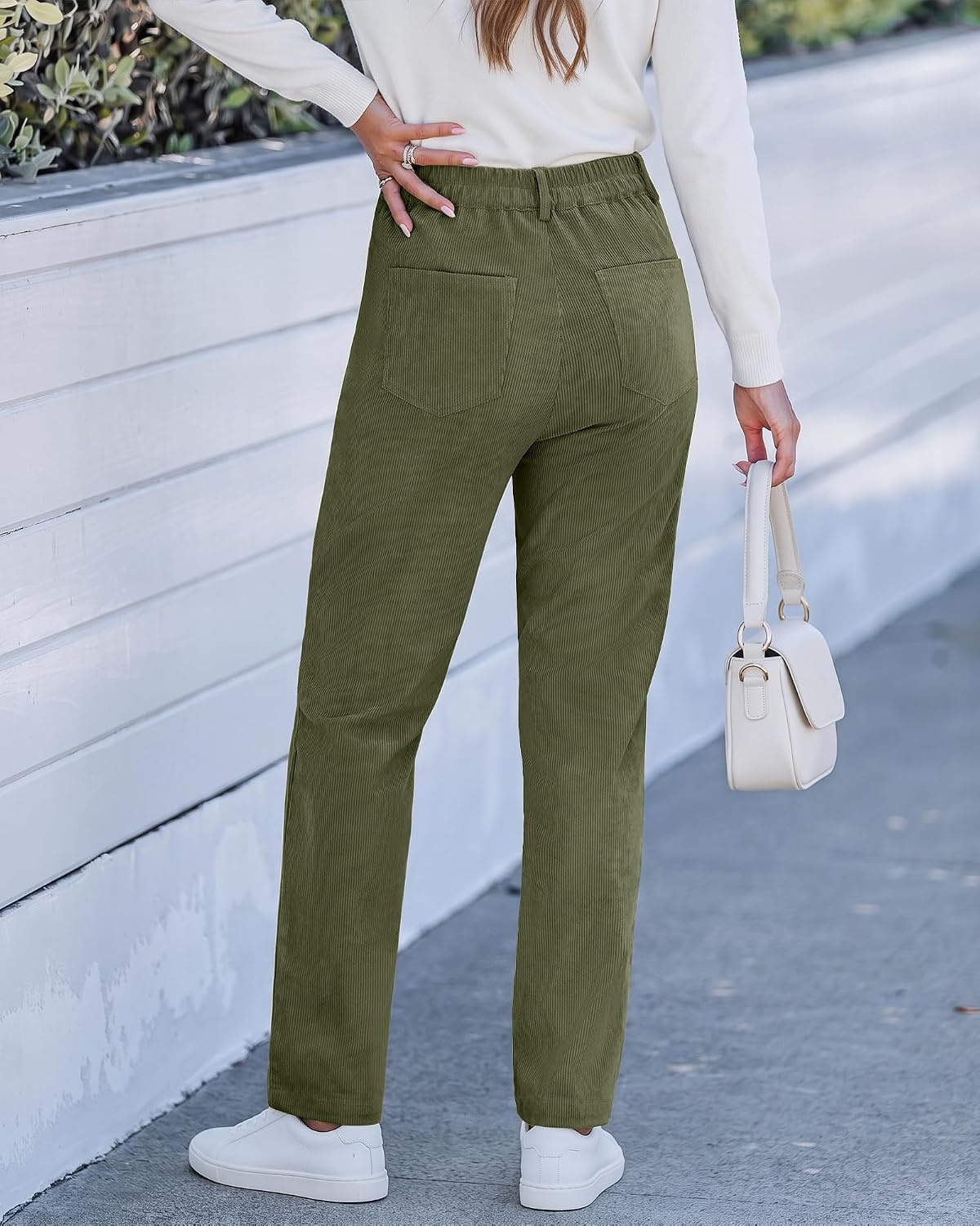 image:imageLookbookStore Corduroy Pants Women Straight Leg High Waist Casual TrousersOlive Green