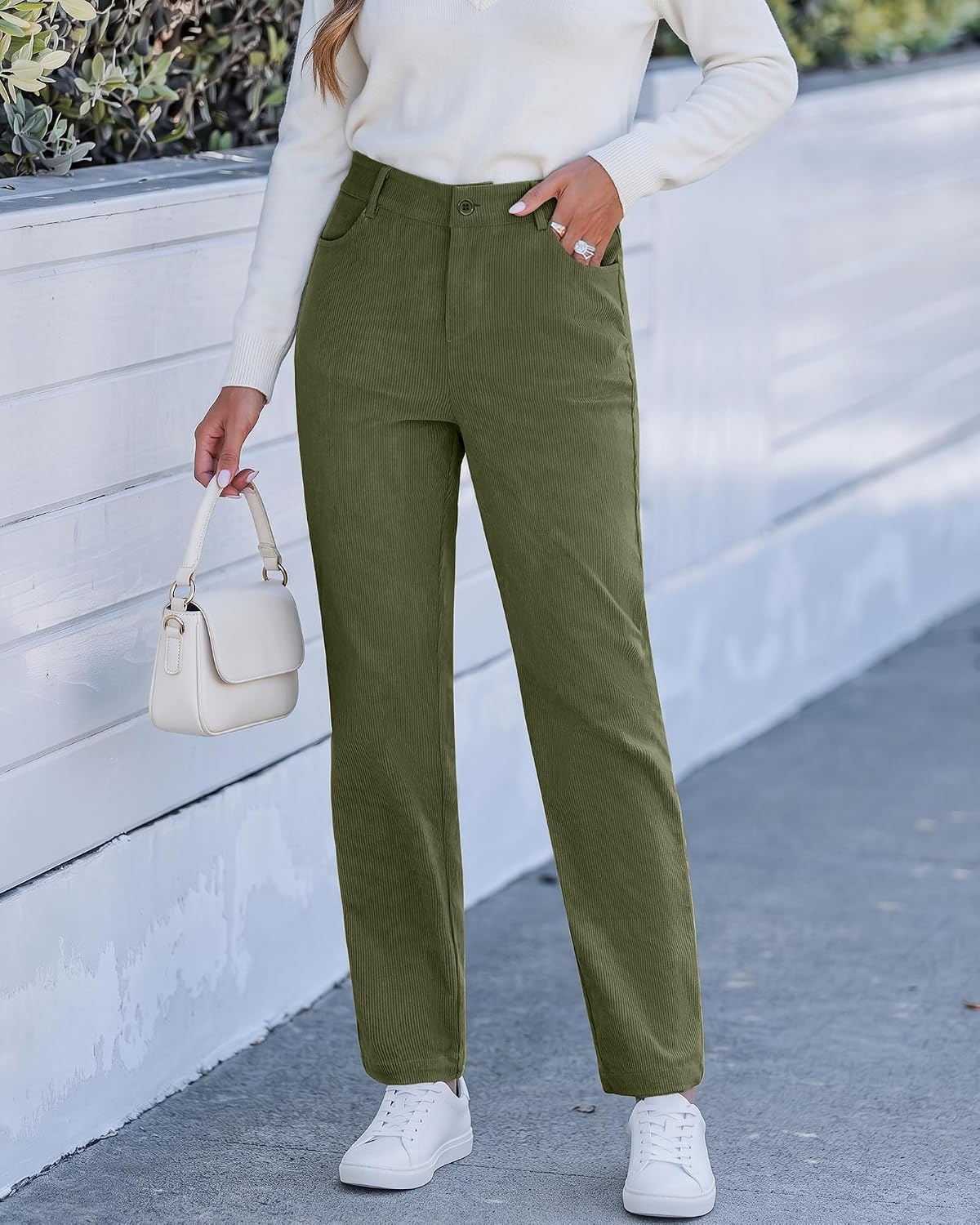 image:imageLookbookStore Corduroy Pants Women Straight Leg High Waist Casual TrousersOlive Green