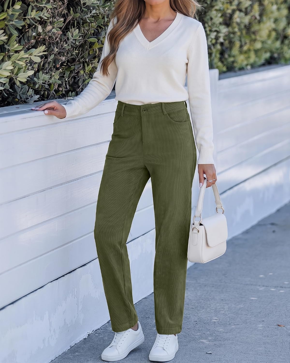 image:imageLookbookStore Corduroy Pants Women Straight Leg High Waist Casual TrousersOlive Green