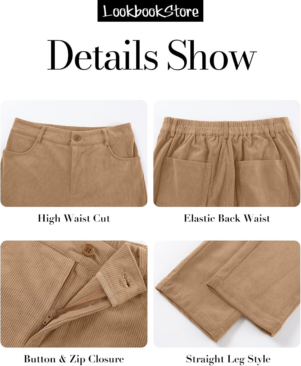 image:imageLookbookStore Corduroy Pants Women Straight Leg High Waist Casual TrousersPale Khaki