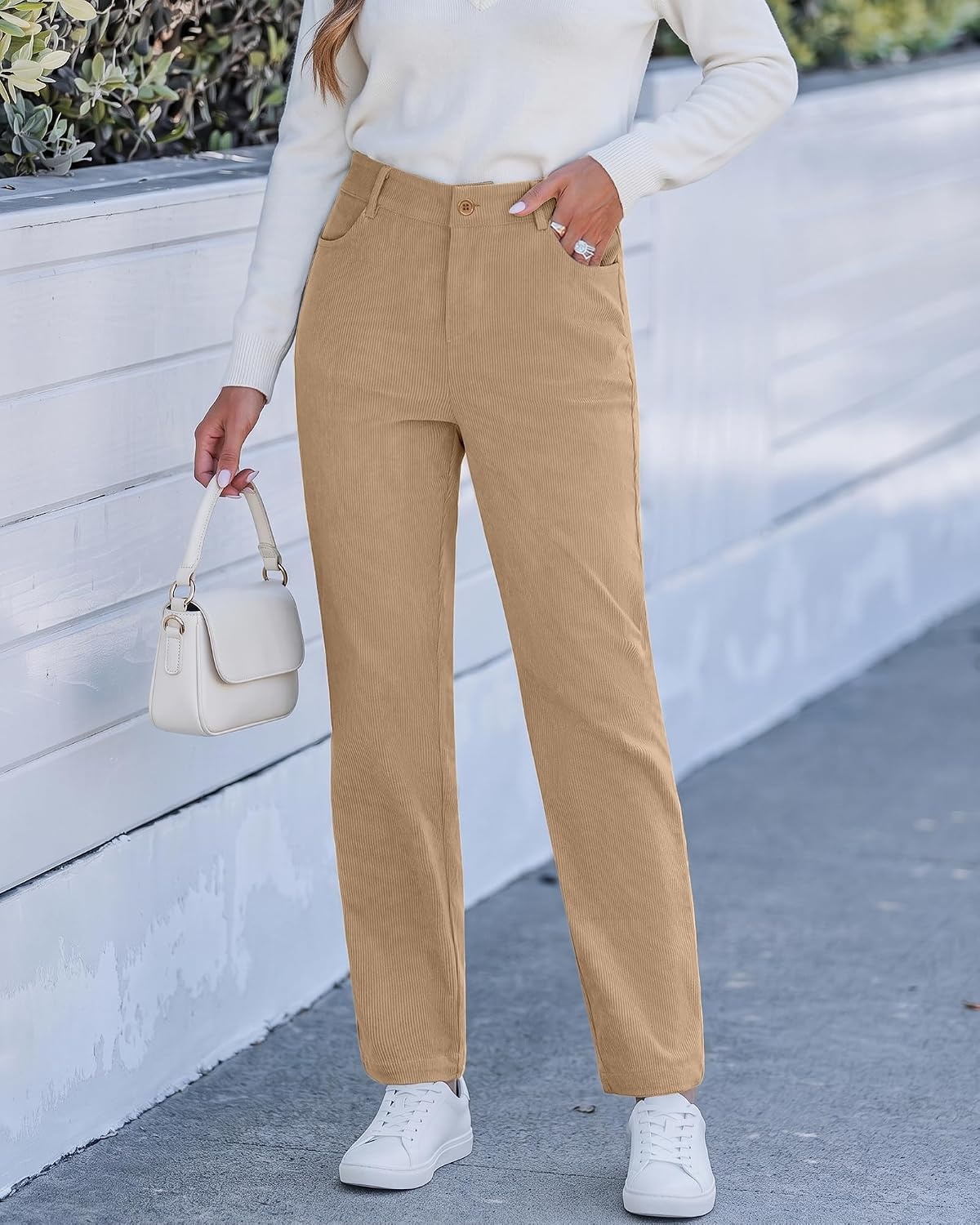 image:imageLookbookStore Corduroy Pants Women Straight Leg High Waist Casual TrousersPale Khaki