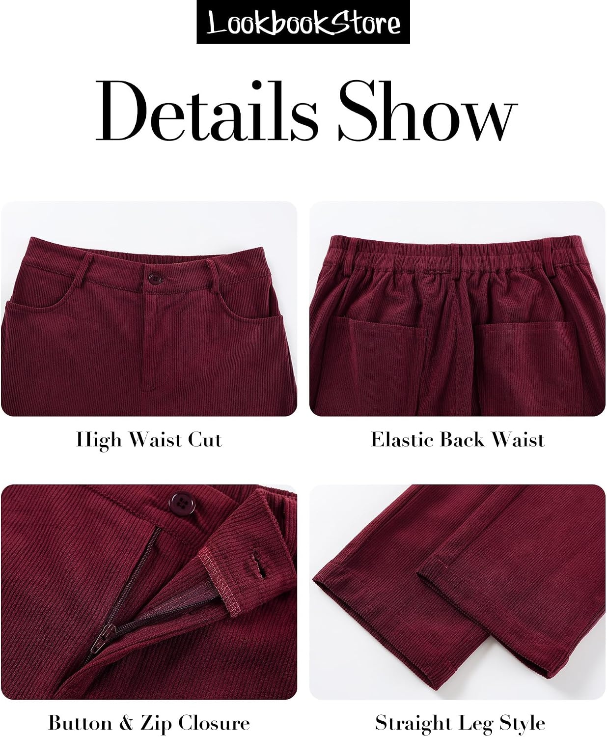 image:imageLookbookStore Corduroy Pants Women Straight Leg High Waist Casual TrousersWine Red