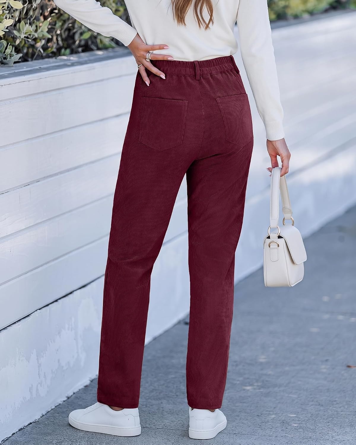image:imageLookbookStore Corduroy Pants Women Straight Leg High Waist Casual TrousersWine Red