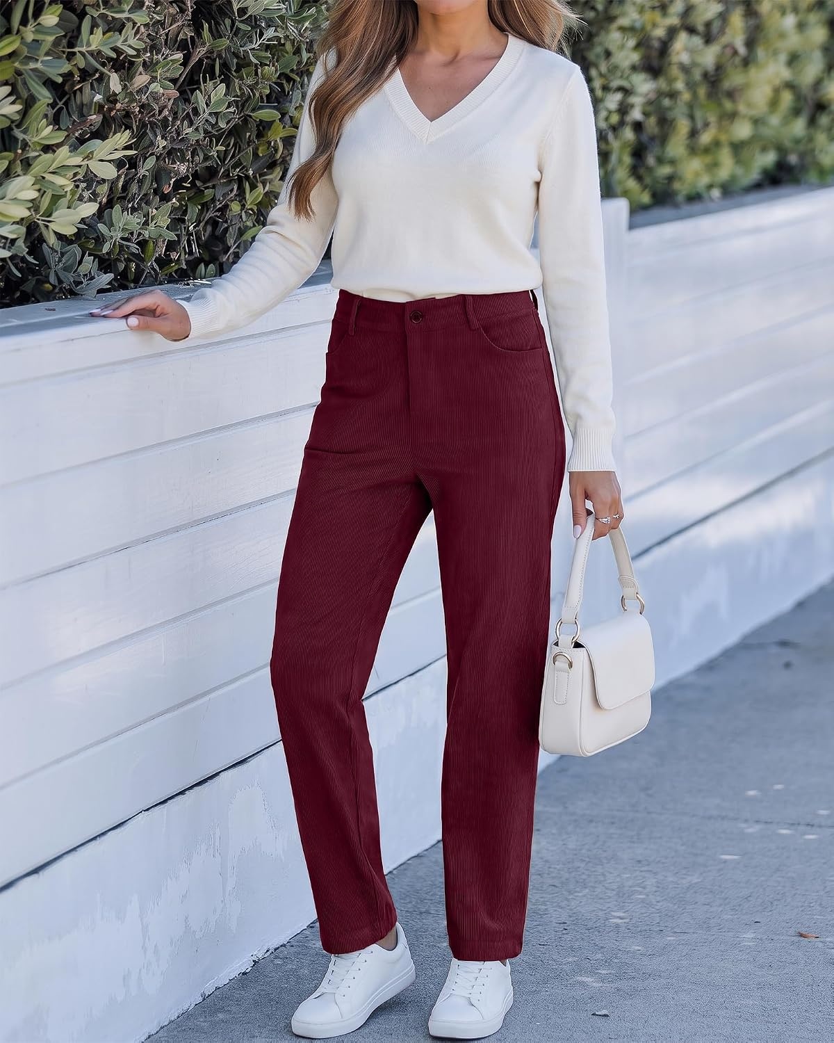 image:imageLookbookStore Corduroy Pants Women Straight Leg High Waist Casual TrousersWine Red