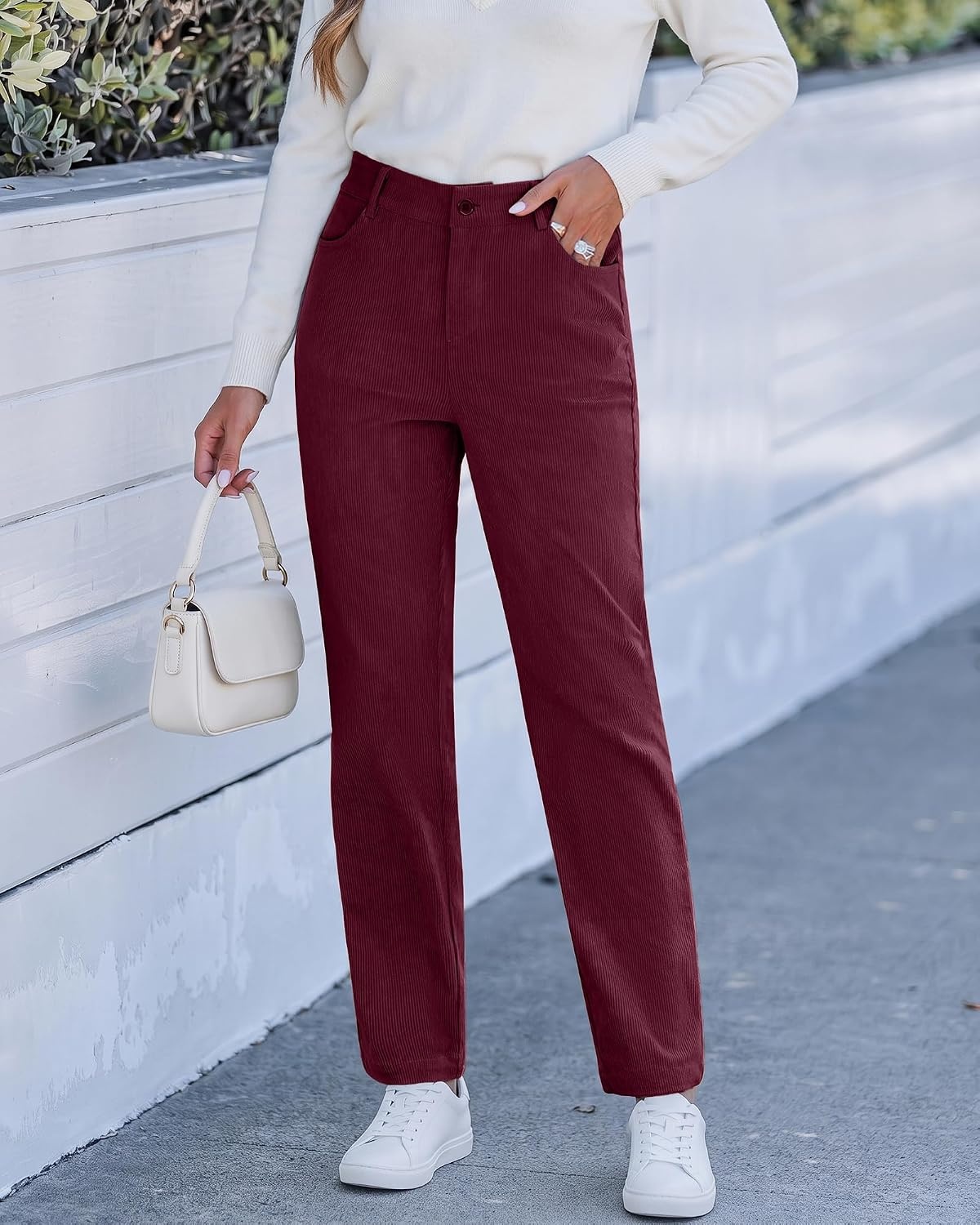 image:imageLookbookStore Corduroy Pants Women Straight Leg High Waist Casual TrousersWine Red
