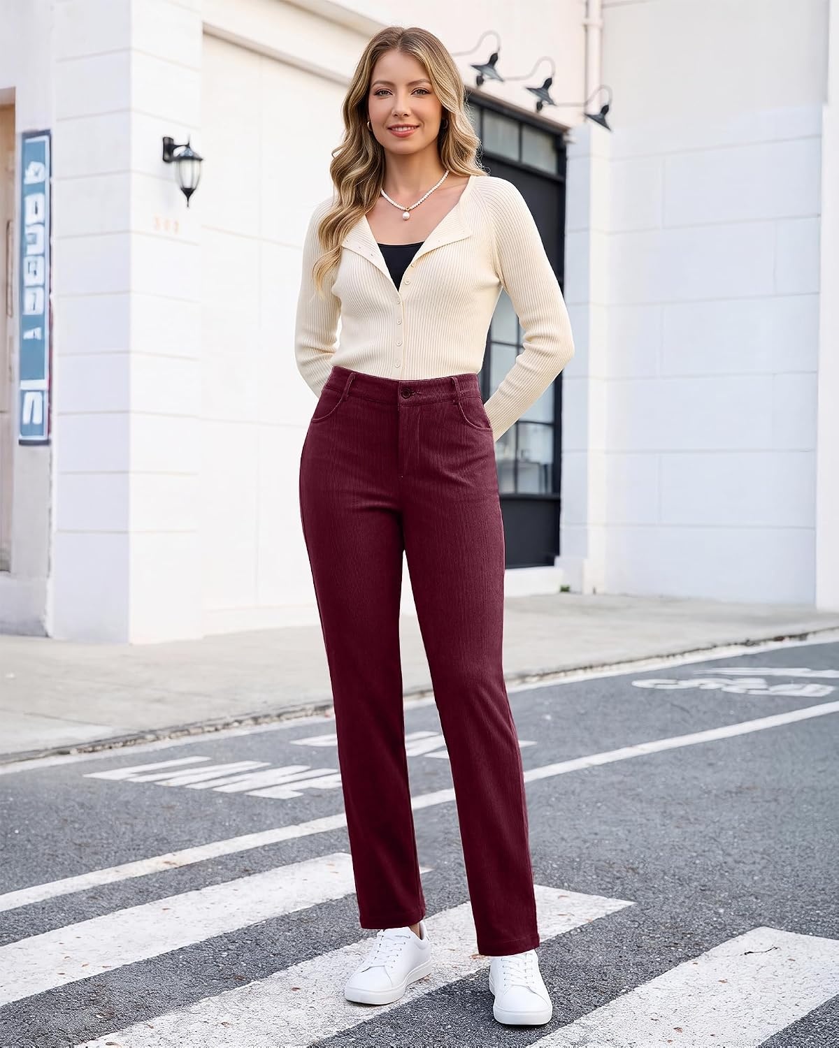 image:imageLookbookStore Corduroy Pants Women Straight Leg High Waist Casual TrousersWine Red