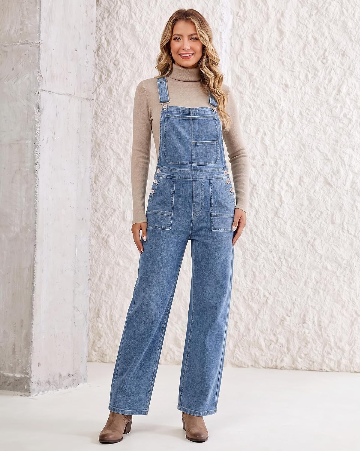 image:imageLookbookStore Denim Overalls for Women Stretchy Straight Leg Bib JumpsuitsBay Blue