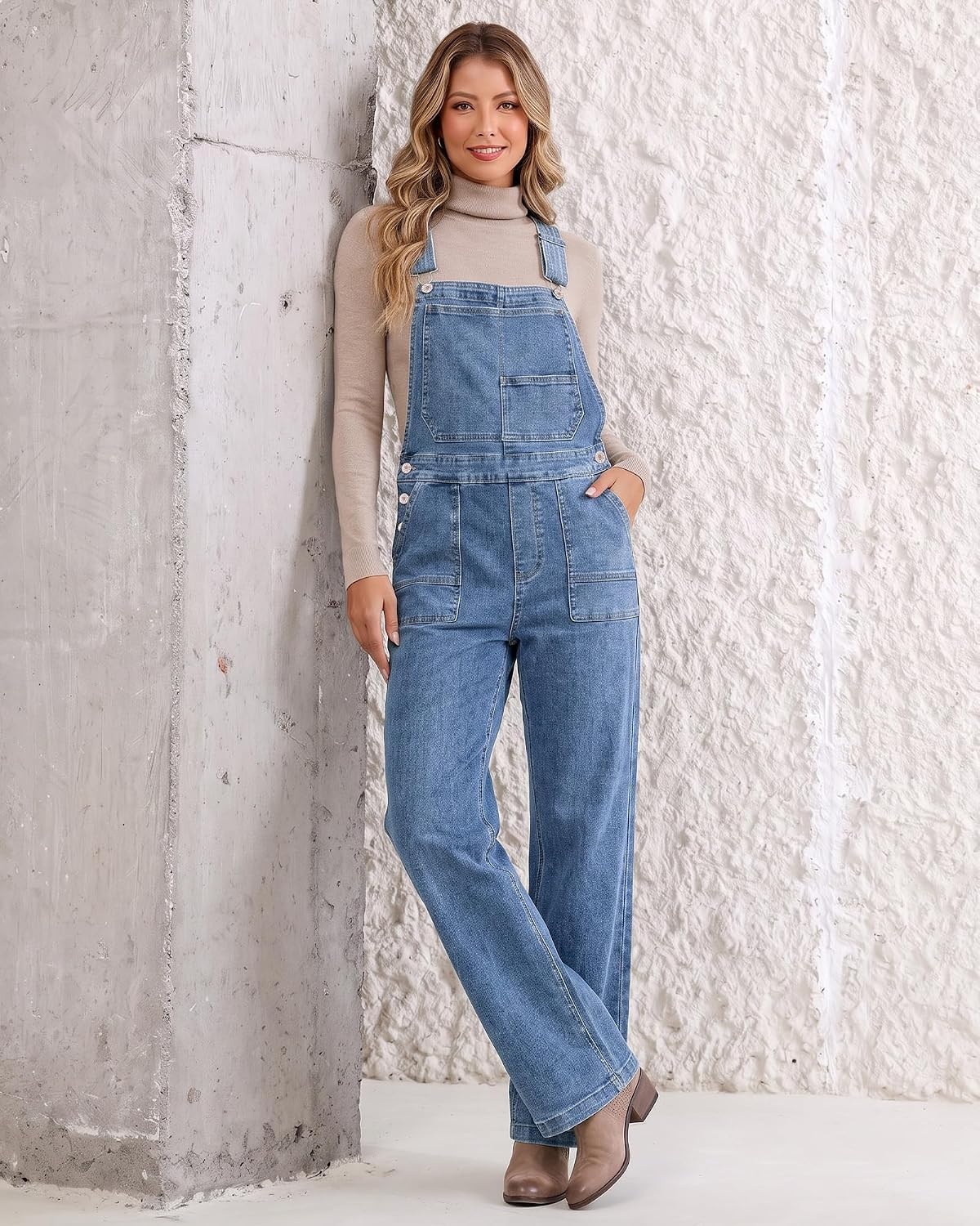image:imageLookbookStore Denim Overalls for Women Stretchy Straight Leg Bib JumpsuitsBay Blue