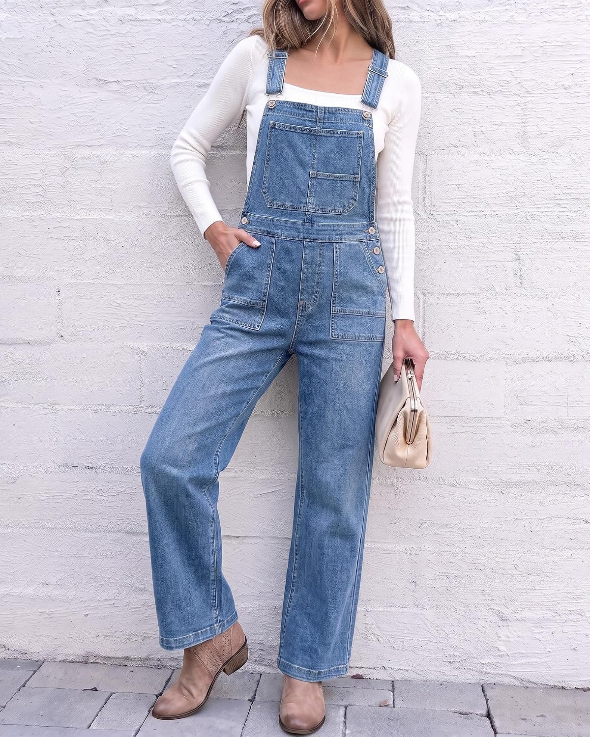 image:imageLookbookStore Denim Overalls for Women Stretchy Straight Leg Bib JumpsuitsBay Blue