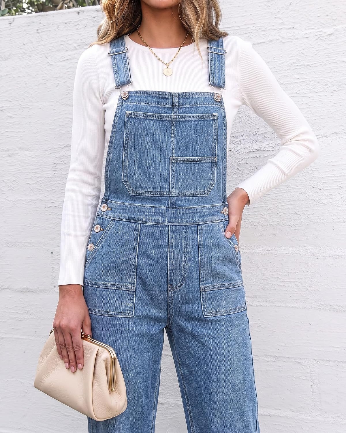 image:imageLookbookStore Denim Overalls for Women Stretchy Straight Leg Bib JumpsuitsBay Blue