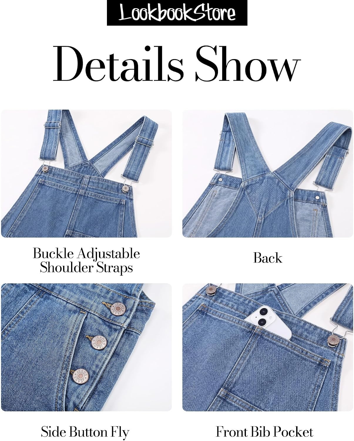 image:imageLookbookStore Denim Overalls for Women Stretchy Straight Leg Bib JumpsuitsBay Blue
