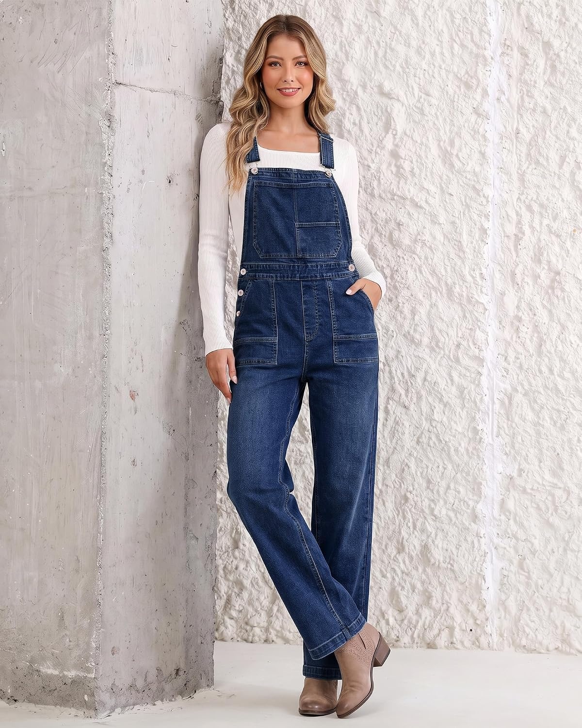 image:imageLookbookStore Denim Overalls for Women Stretchy Straight Leg Bib JumpsuitsClassic Blue