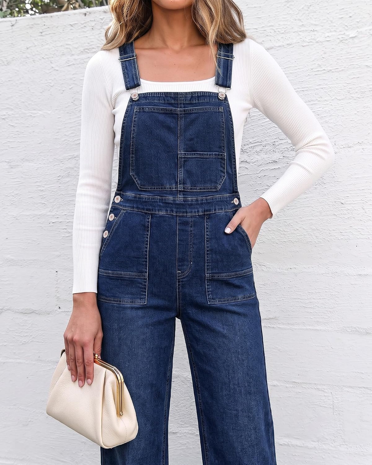 image:imageLookbookStore Denim Overalls for Women Stretchy Straight Leg Bib JumpsuitsClassic Blue