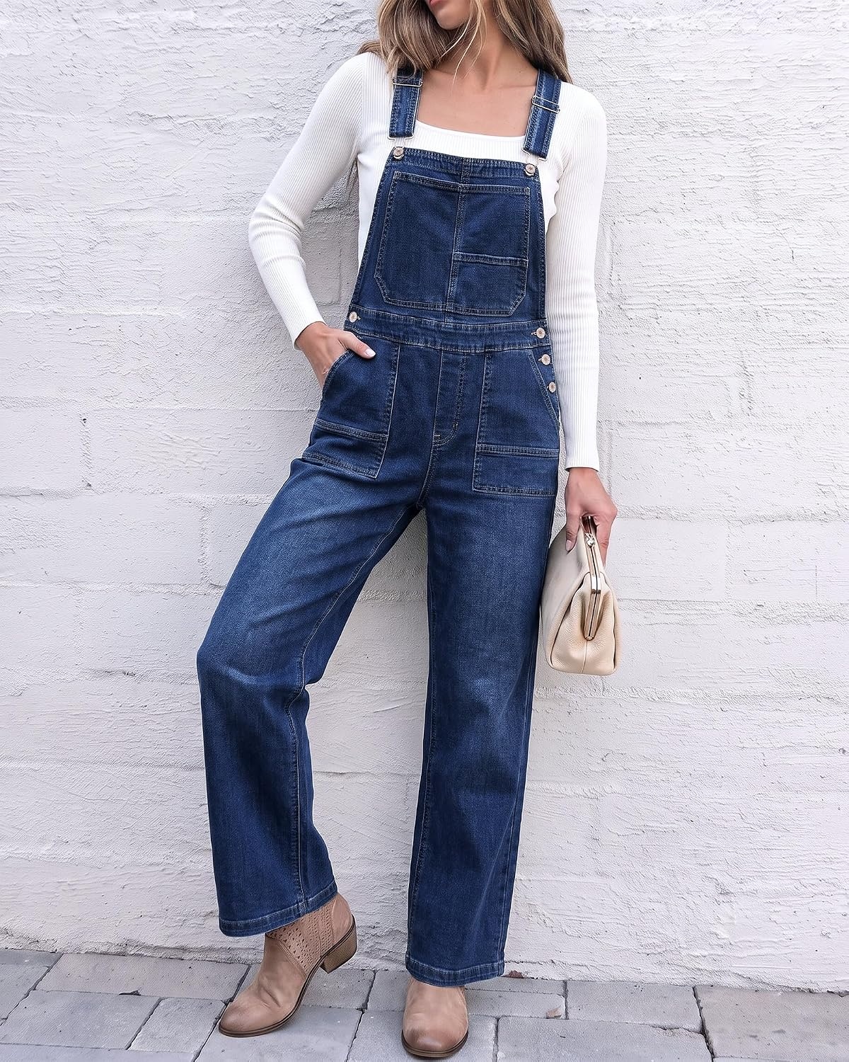 image:imageLookbookStore Denim Overalls for Women Stretchy Straight Leg Bib JumpsuitsClassic Blue