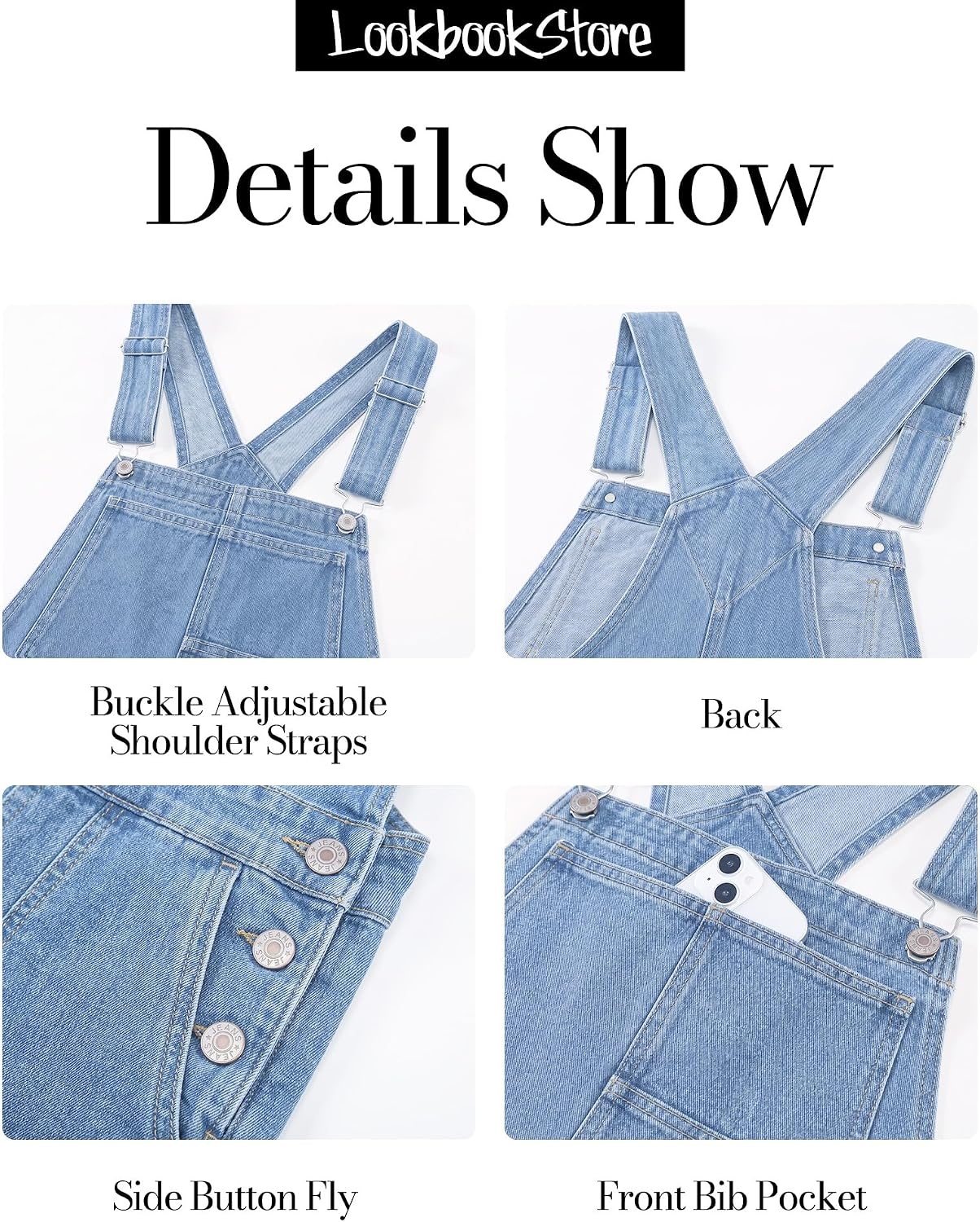 image:imageLookbookStore Denim Overalls for Women Stretchy Straight Leg Bib JumpsuitsCool Blue