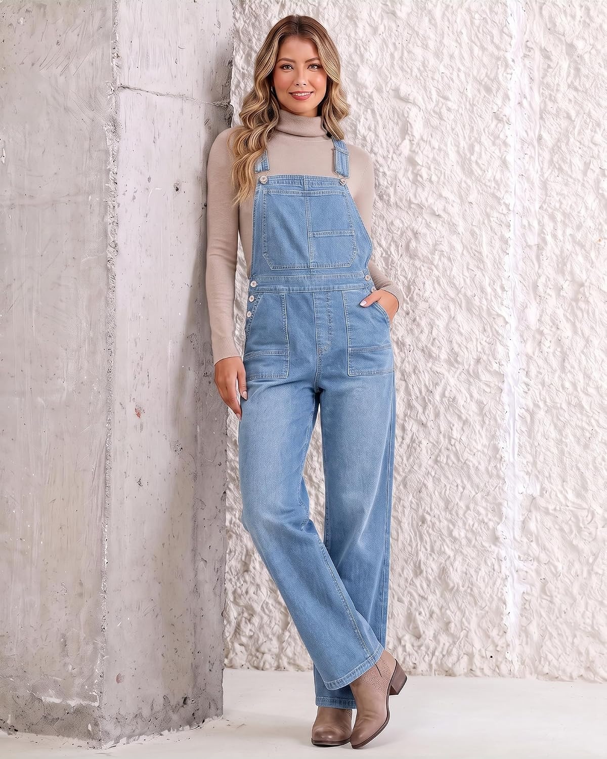 image:imageLookbookStore Denim Overalls for Women Stretchy Straight Leg Bib JumpsuitsCool Blue
