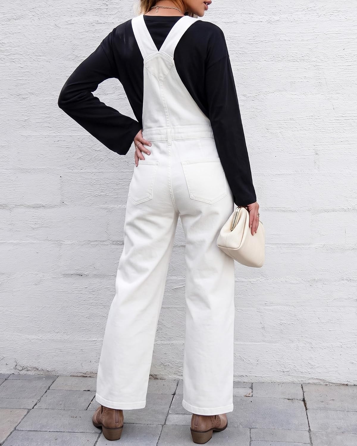 image:imageLookbookStore Denim Overalls for Women Stretchy Straight Leg Bib JumpsuitsCream White