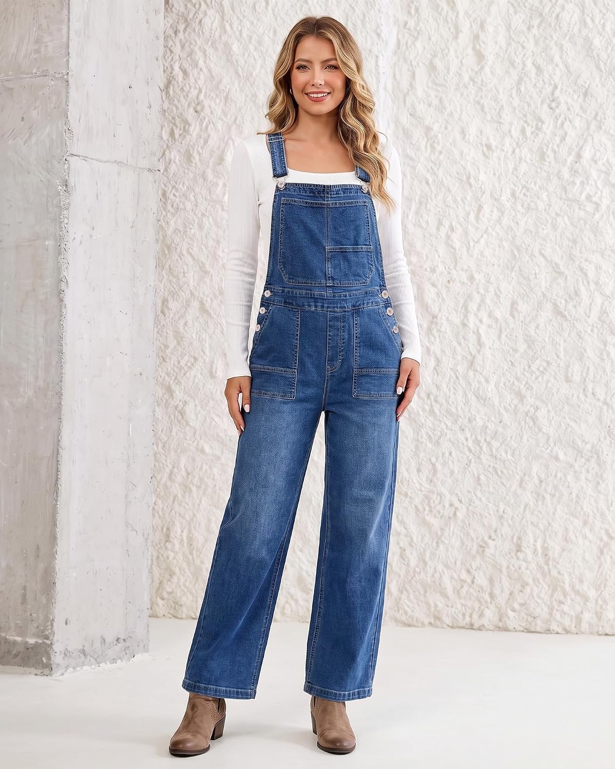 image:imageLookbookStore Denim Overalls for Women Stretchy Straight Leg Bib JumpsuitsMedium Blue
