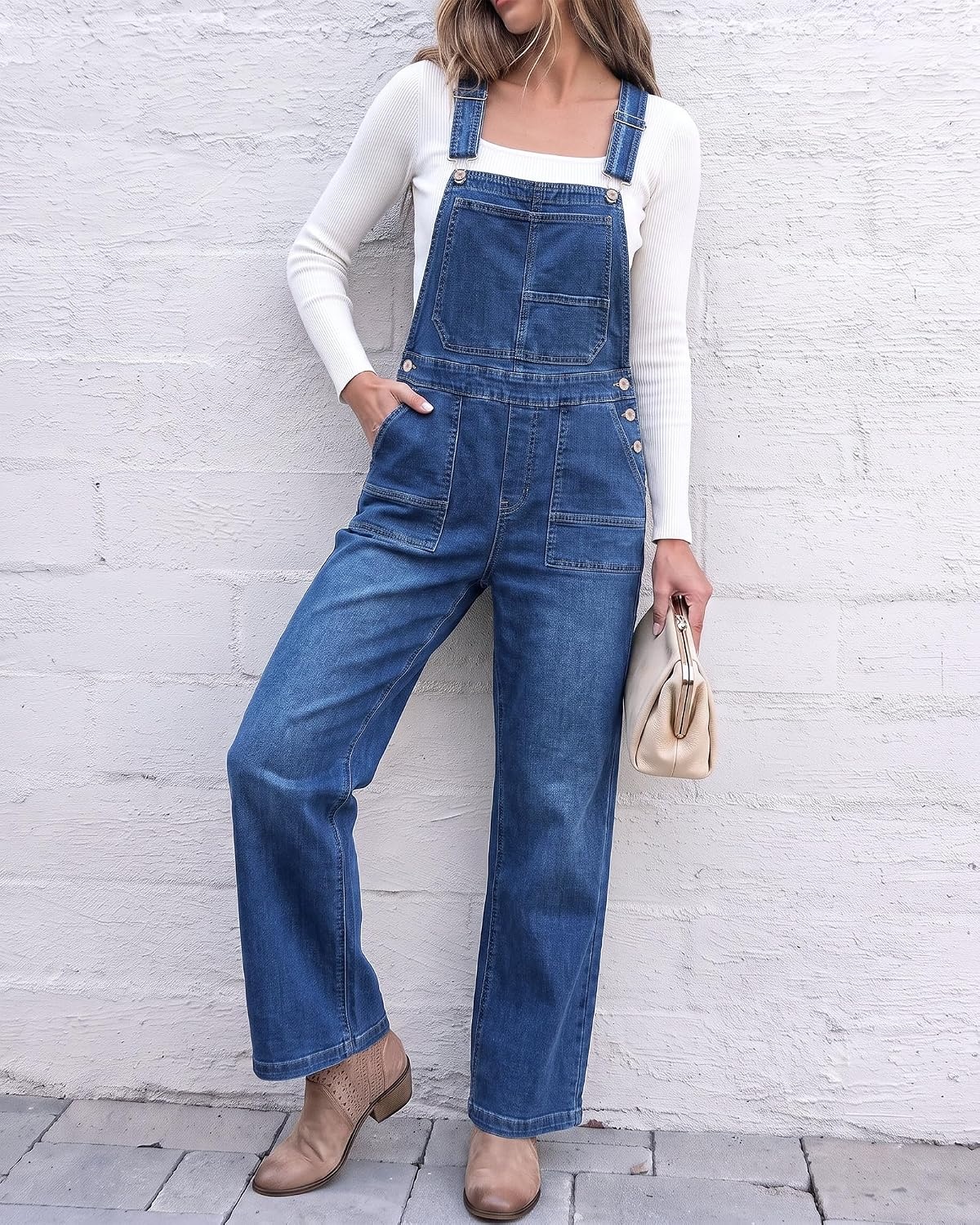 image:imageLookbookStore Denim Overalls for Women Stretchy Straight Leg Bib JumpsuitsMedium Blue
