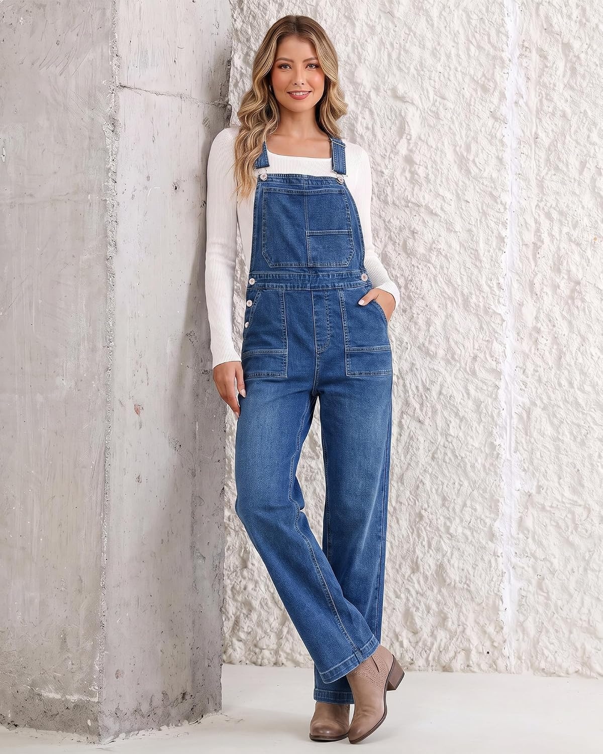 image:imageLookbookStore Denim Overalls for Women Stretchy Straight Leg Bib JumpsuitsMedium Blue