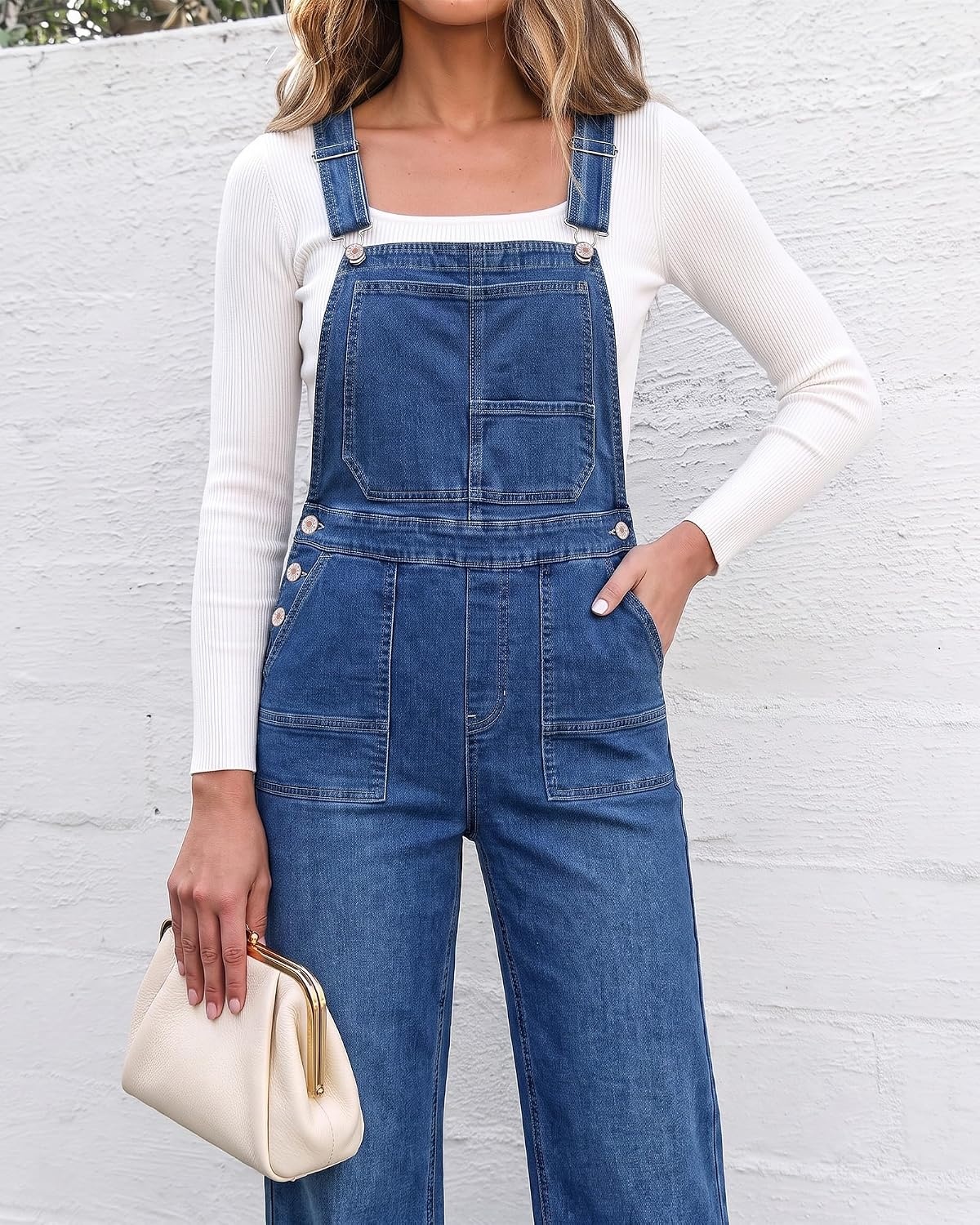 image:imageLookbookStore Denim Overalls for Women Stretchy Straight Leg Bib JumpsuitsMedium Blue