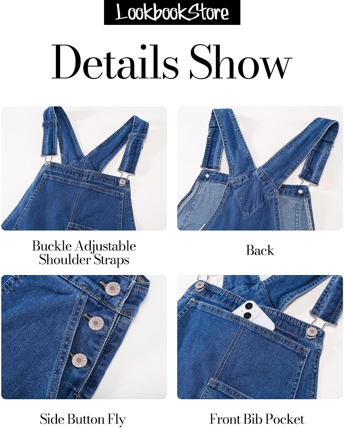 image:imageLookbookStore Denim Overalls for Women Stretchy Straight Leg Bib JumpsuitsMedium Blue